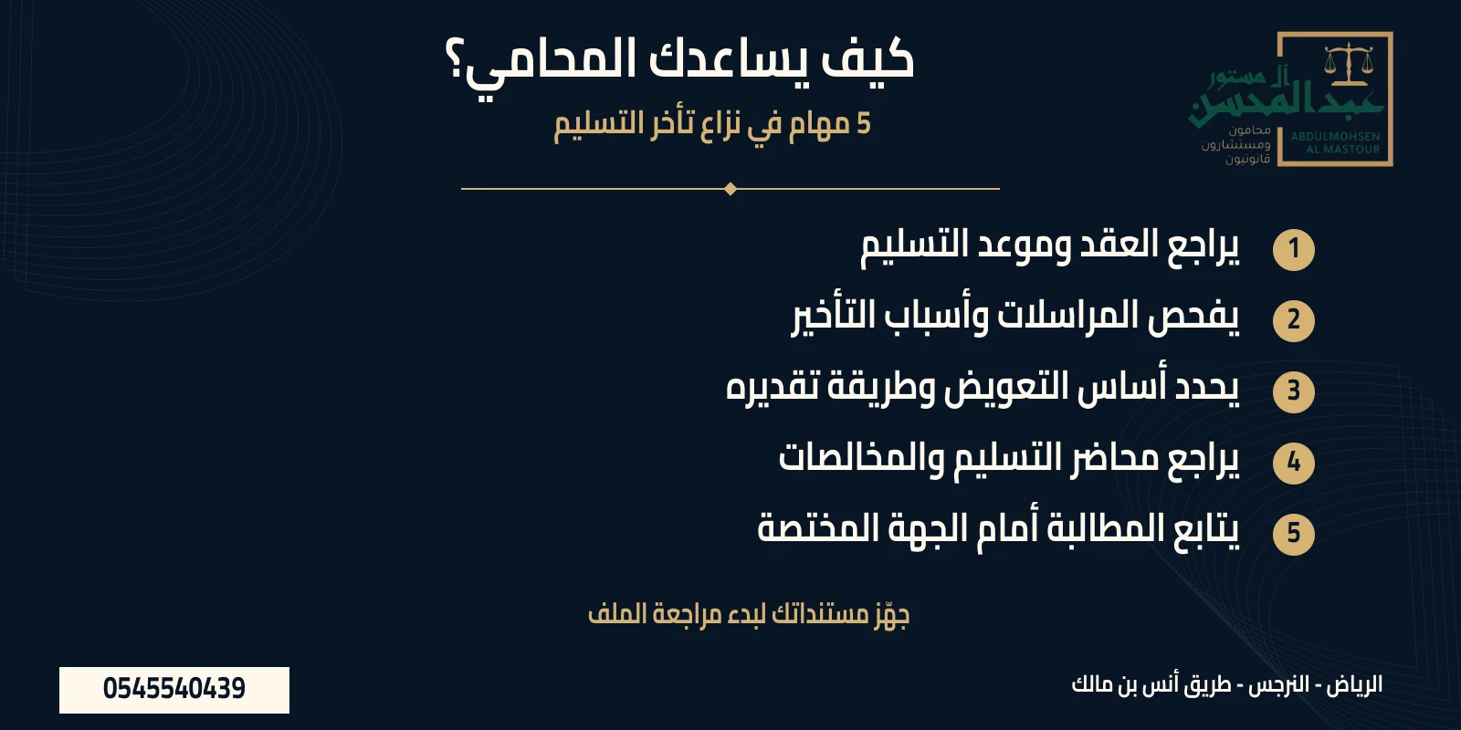 خمس مهام للمحامي ضمن موضوع تعويض تأخر تسليم عقار على الخارطة في ملخص مرقم مع شعار المكتب