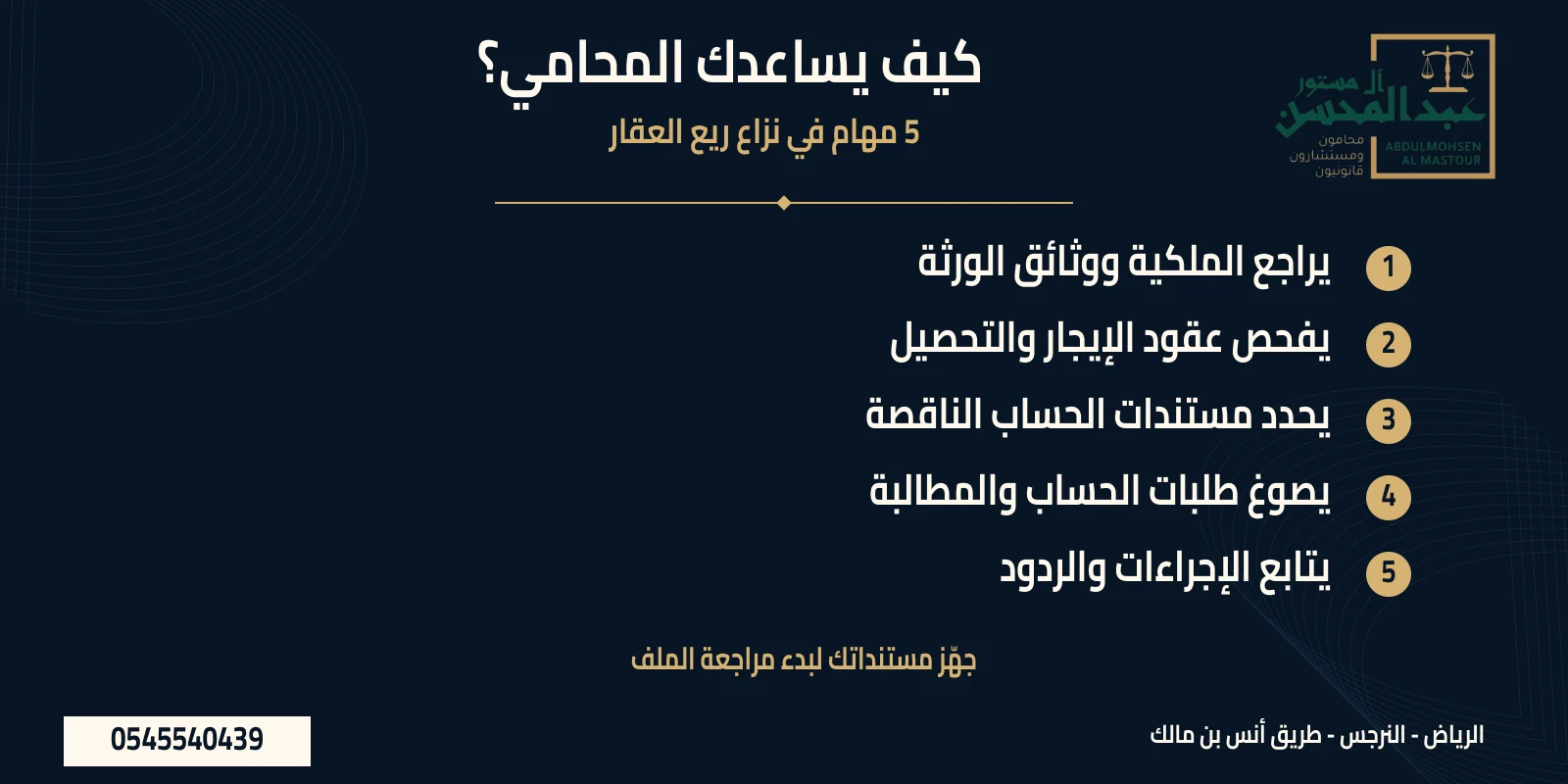 خمس مهام للمحامي ضمن موضوع المطالبة بريع العقار الموروث في ملخص مرقم مع شعار المكتب