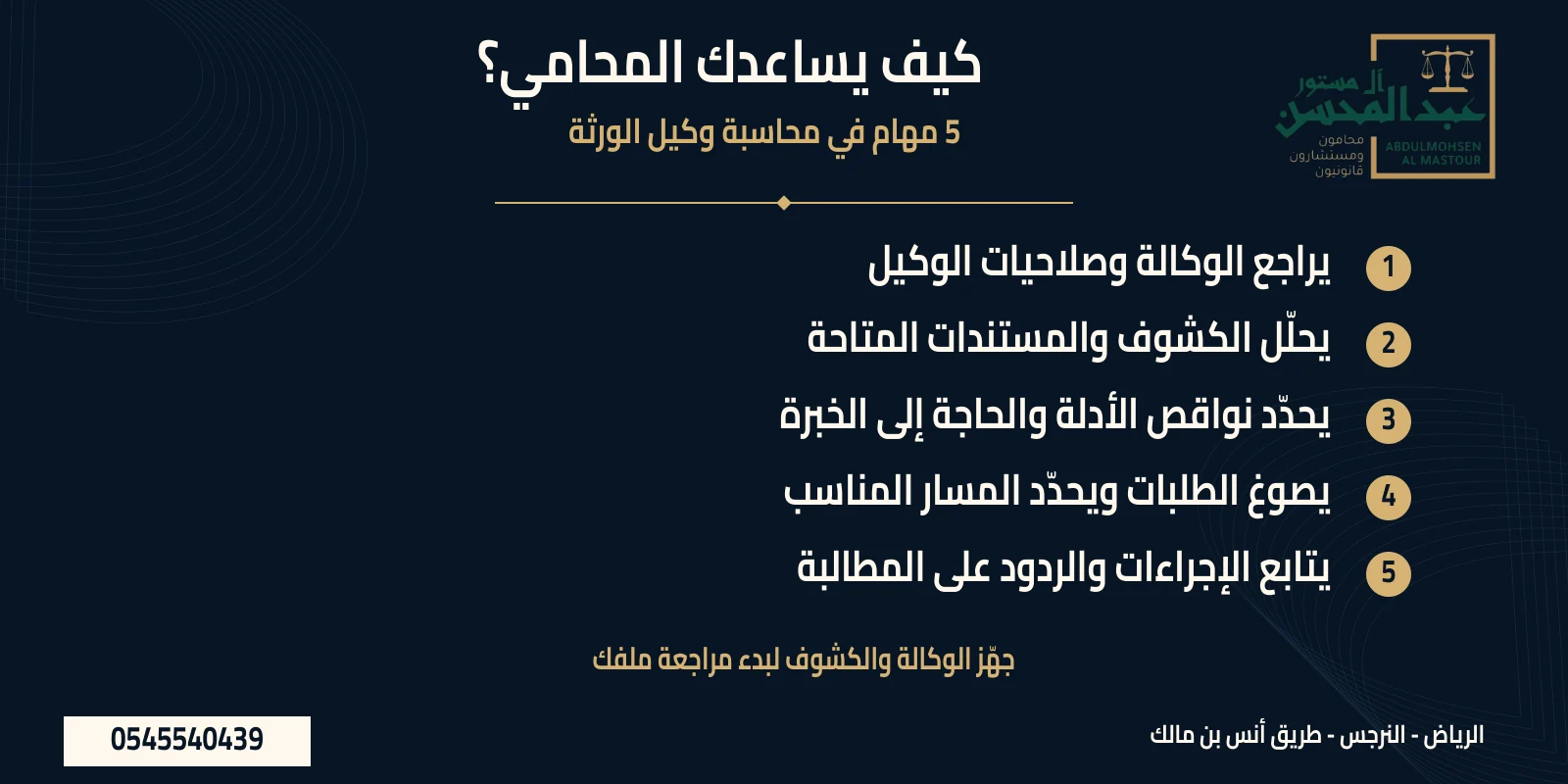 خمس مهام للمحامي تشمل مراجعة الوكالة والمستندات والأدلة وصياغة الطلبات ومتابعة الإجراءات