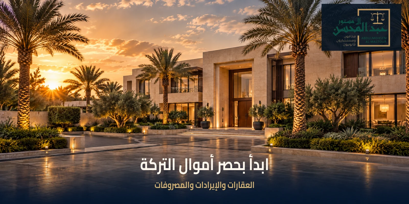 عقار سكني توضيحي مع عنوان ابدأ بحصر أموال التركة وشعار مكتب عبد المحسن آل مستور
