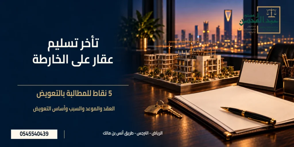 تعويض تأخر تسليم عقار على الخارطة مع نموذج مشروع قيد الإنشاء وملف عقد وشعار مكتب عبد المحسن آل مستور