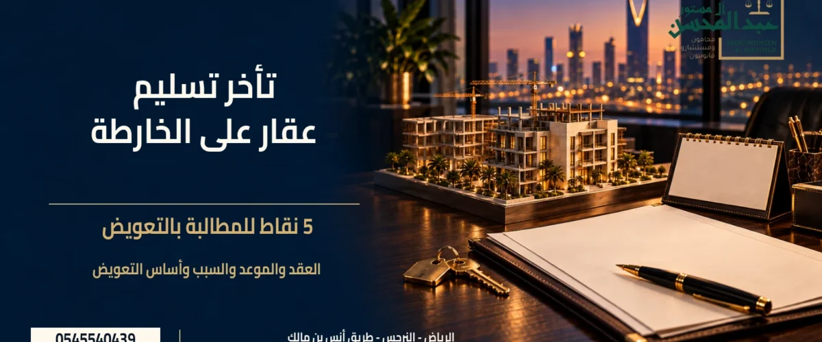 تعويض تأخر تسليم عقار على الخارطة مع نموذج مشروع قيد الإنشاء وملف عقد وشعار مكتب عبد المحسن آل مستور