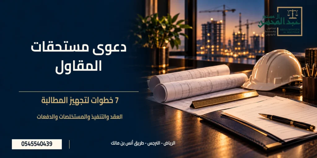 دعوى مستحقات المقاول مع مخططات وخوذة وملف مشروع وشعار مكتب عبد المحسن آل مستور