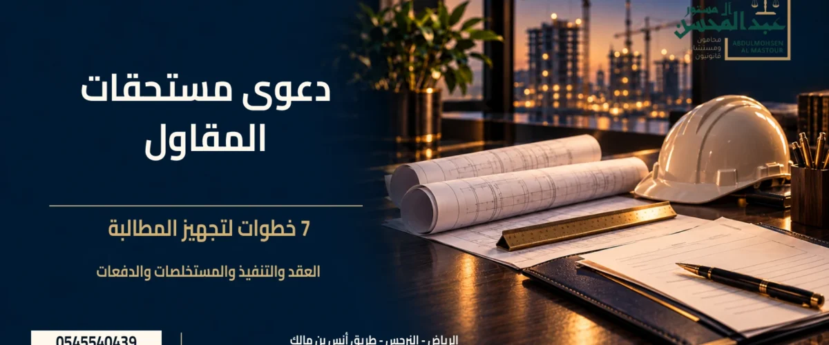 دعوى مستحقات المقاول مع مخططات وخوذة وملف مشروع وشعار مكتب عبد المحسن آل مستور